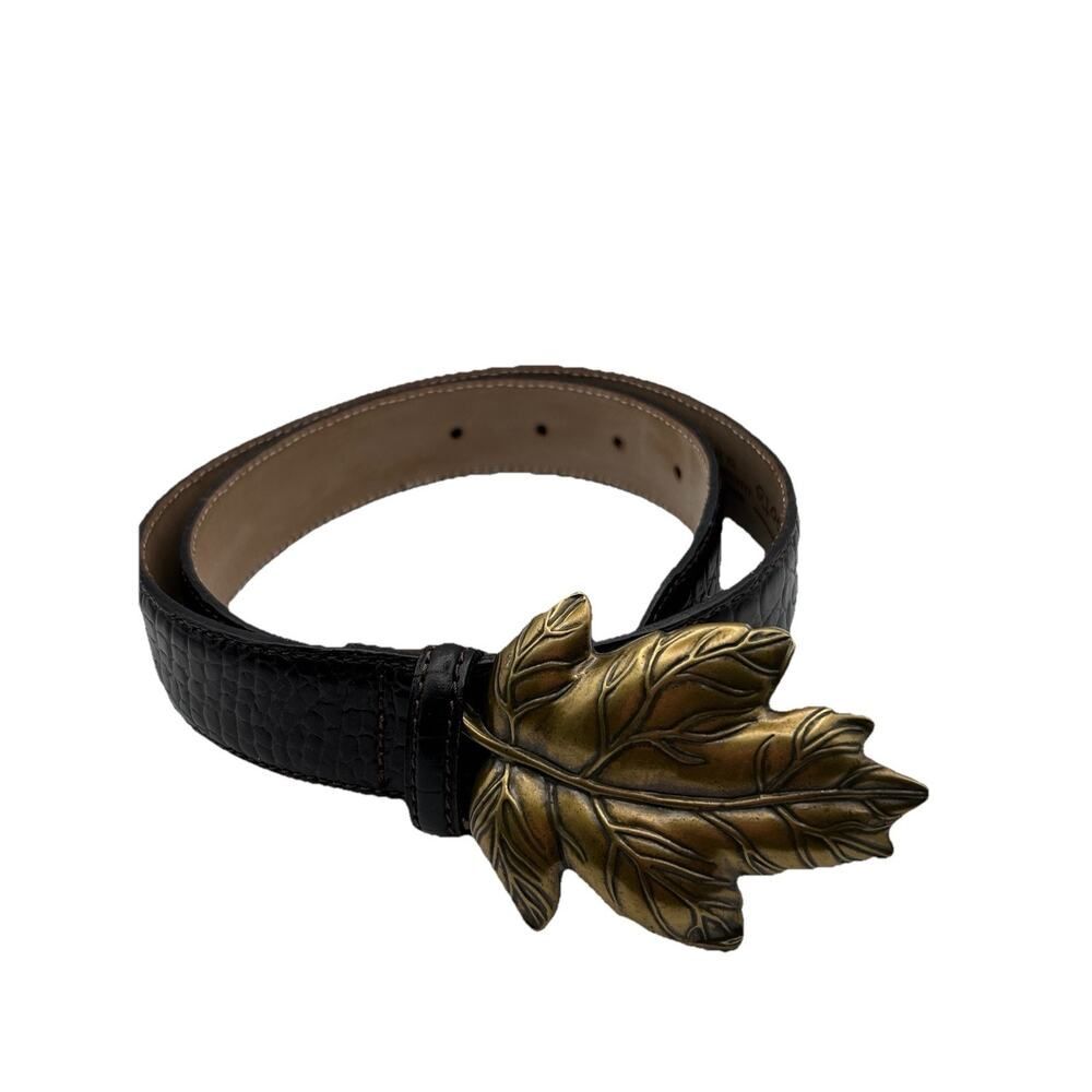 Talbots Brown Croc Embossed Leather Belt Brass Leaf Buckle ITALY Size M 6021
